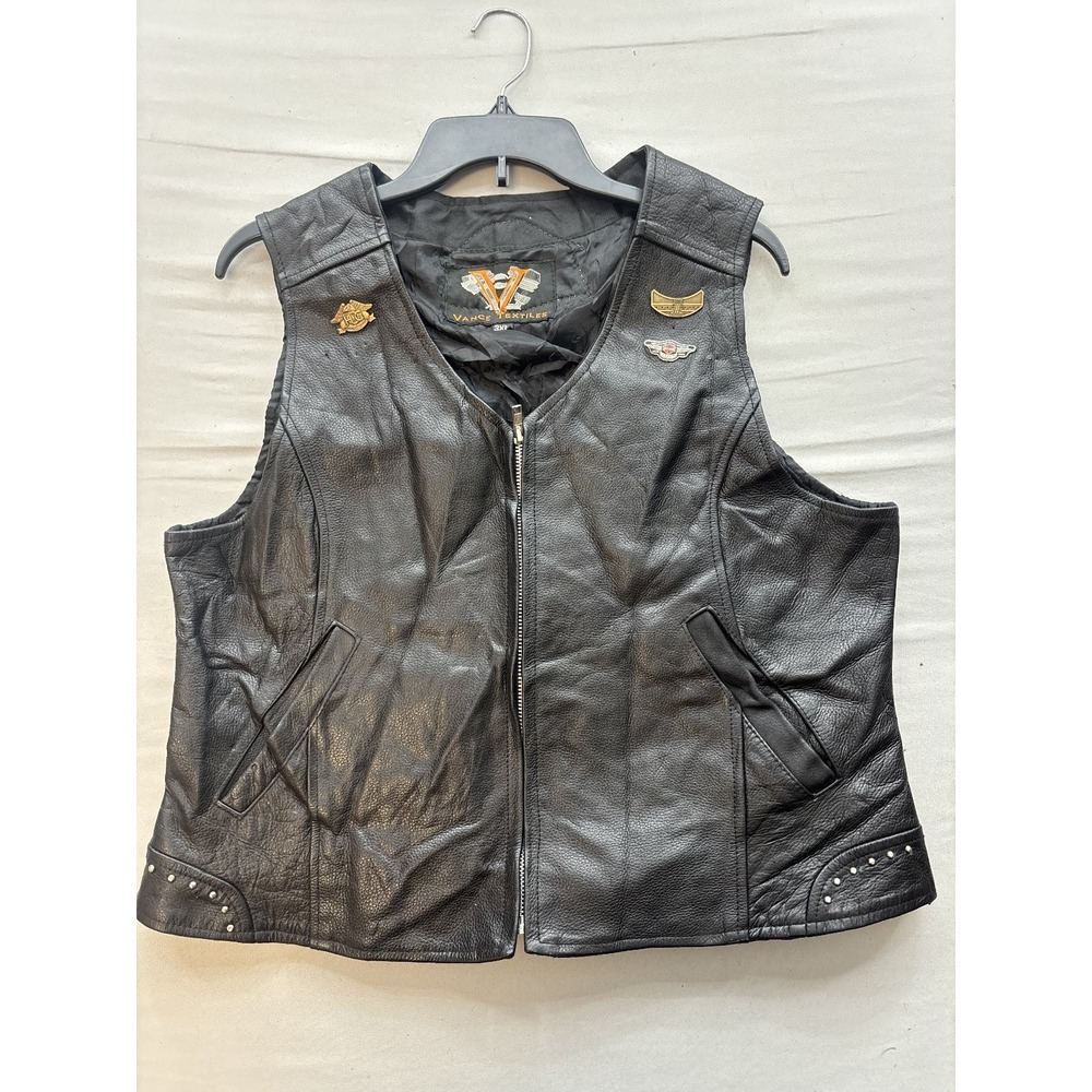 Vance Textiles Women Black Leather Biker Vest Studded Patches HOG Size L 3XL